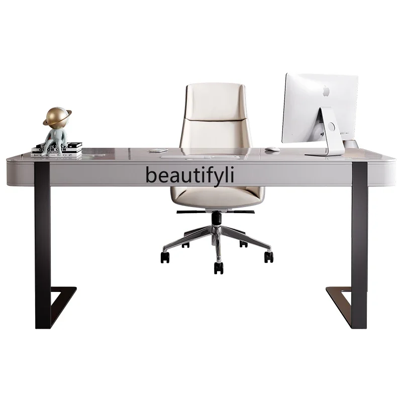 

02Italian Minimalist Desk Light Luxury Stone Plate Writing Desk Designer Creative Study High-End Stainless Steel Computer Desk