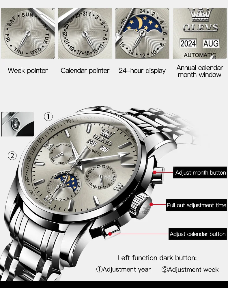 OLEVS 6633 Moon Phase Watch for Man Multi-function Chronograph High end Waterproof Luminous Men Watches