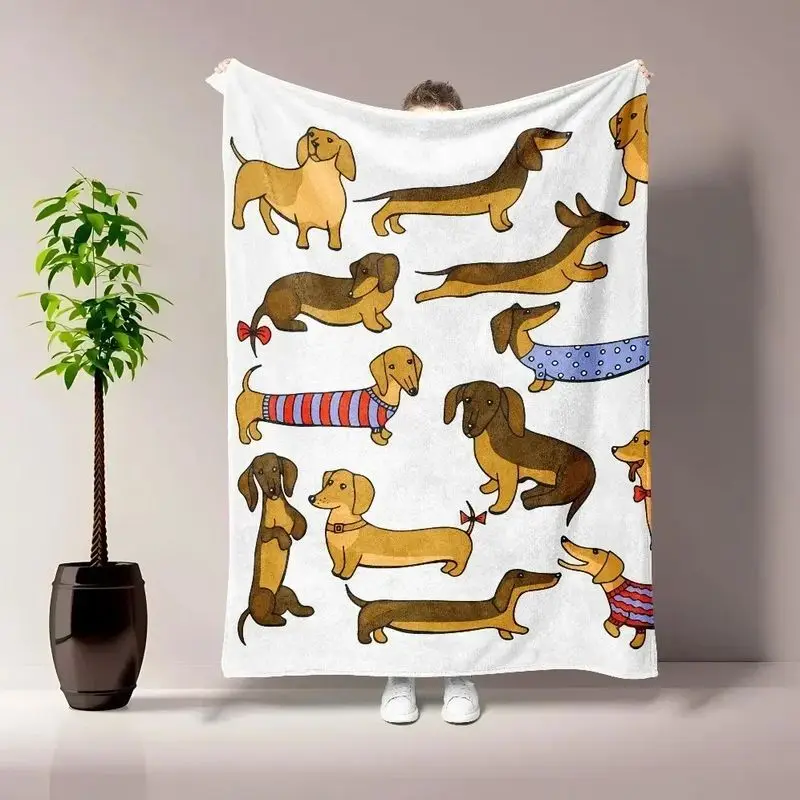 VIKAMA Cartoon Dachshund Flannel Throw Blanket Cute Sausage Dog Wearing Sweater Print Pet Home Decor Sofa Camping Gift Blanket