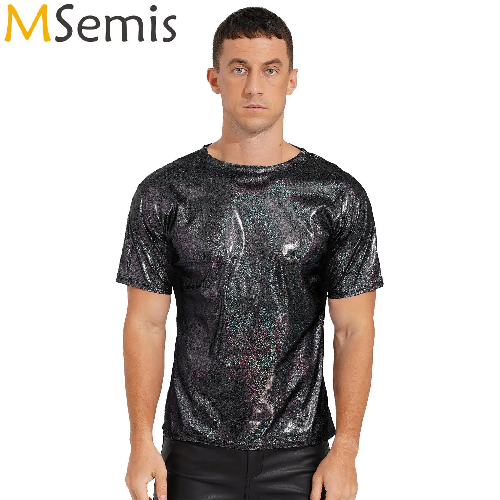 Mens Fashion Shiny Short Sleeve T-shirt Tops Casual Sparkling Round Neck Tees Tops Rave Festival Party Clubwear