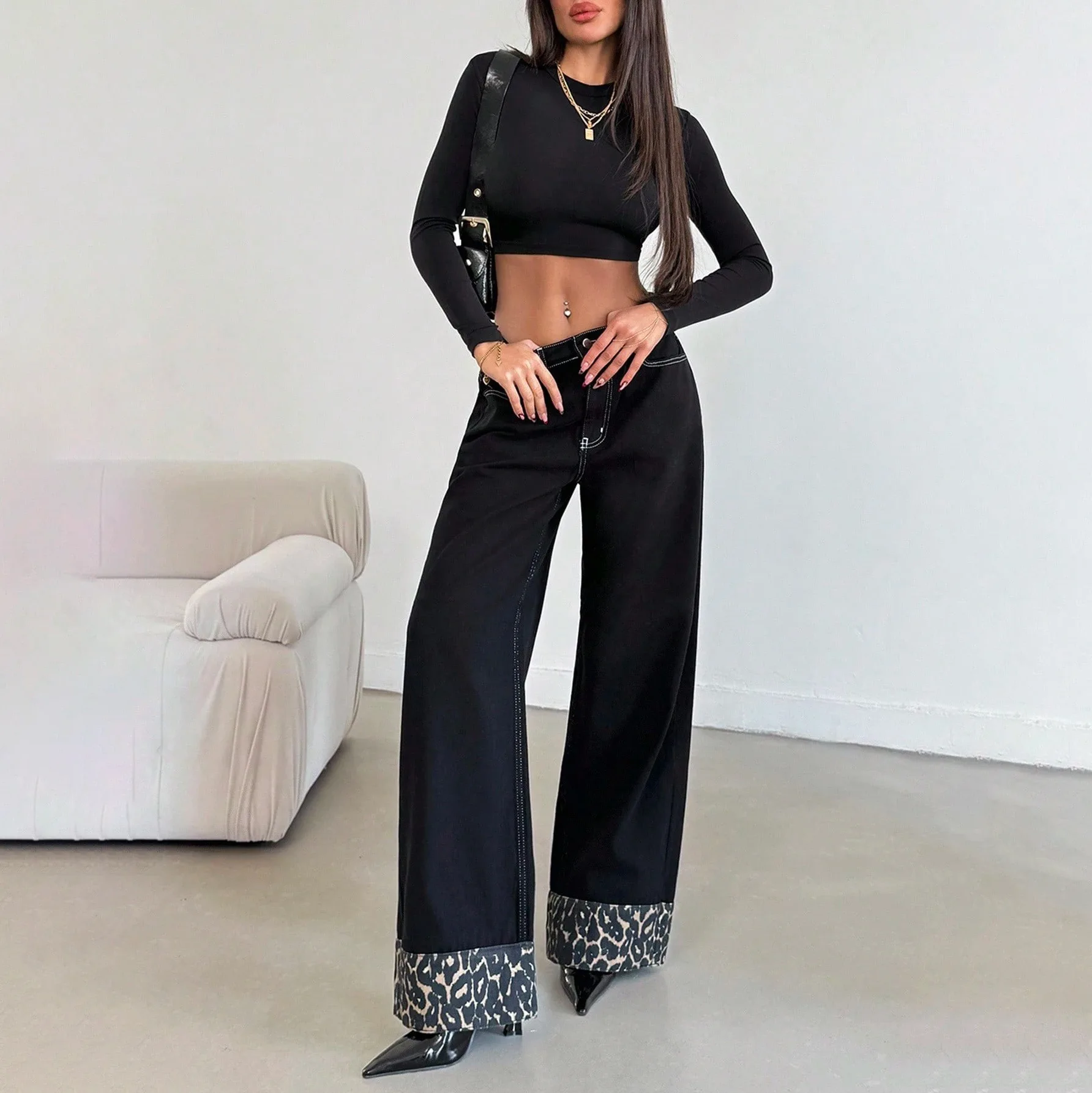 Pantalones vaqueros de pierna ancha con retales de leopardo para mujer, pantalones vaqueros holgados versátiles a la moda de cintura alta para otoño