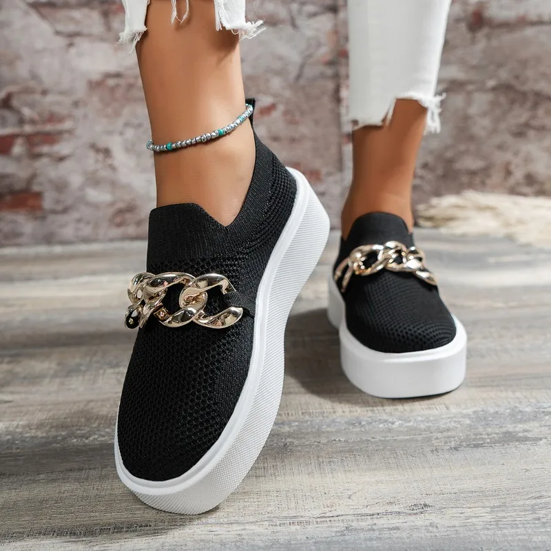 2024Ladies Spring New Fashion Metal Chain Designer Flat Non-Slip Vulcanized Shoes Daily Casual Walking Shopping Women Flat Shoes