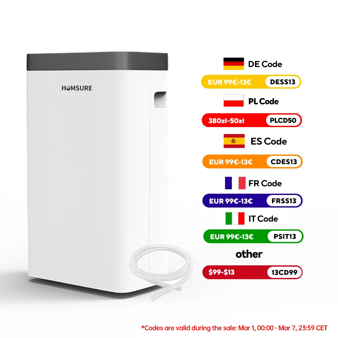 Déshumidificateur HUMSURE 16 L/jour, déshumidificateur électrique avec tuyau de vidange 1,2 m, déshumidificateur d'ambiance avec affichage LED