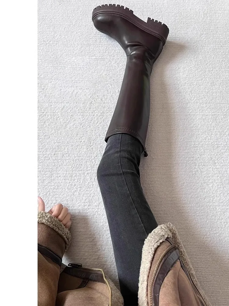 

High Waist Fleece Lined Slim Fit Denim Jeans Women's Korean Style Smoke Grey Elastic Pencil Pants Boot Cut Casual Cotton Stre...