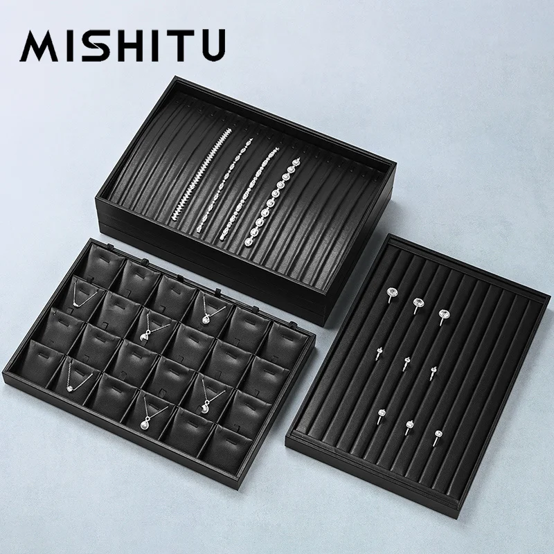 MISHITU Black Leather Jewelry Tray Jewelry Organizer Tray Ring Display Plate Necklace Pendant Rack Bracelet Storage Jewelry Tray