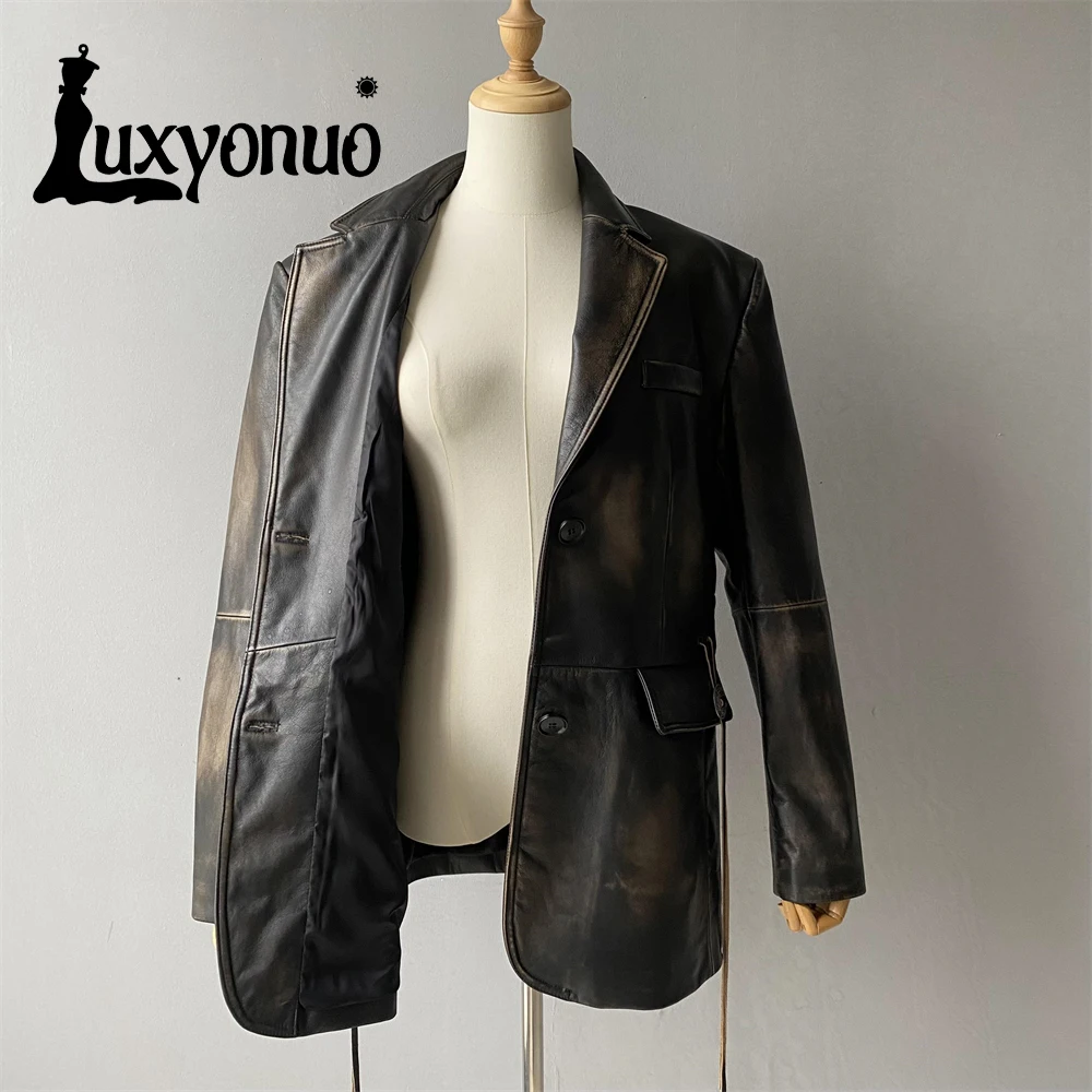 Luxyonuo Blazer en cuir véritable pour femme, manteau en peau de mouton pour femme, haute qualité, veste en cuir véritable, style adt, mode pour femme, automne