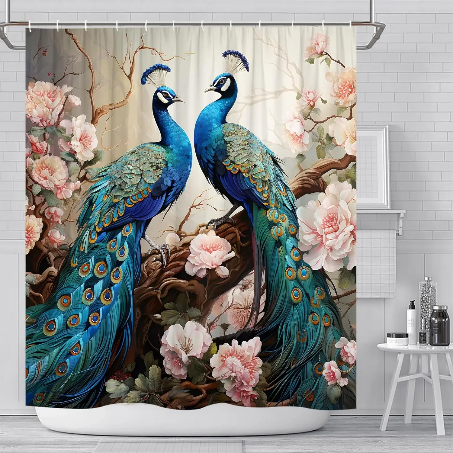 Peacock Shower Curtains Blue Beautiful Bird Pink Flower Two Peacocks Floral Plant Scenery Pattern Print Bathroom Decor Curtains