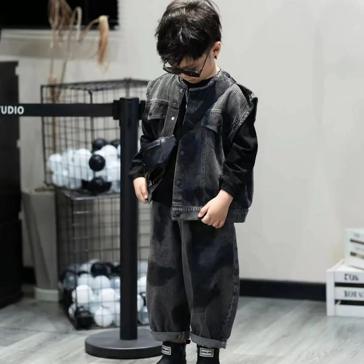 2-9 Yrs Children\'s Clothing 2026 girl Spring Autumn Boys New Korean Retro Sleeveless Denim Vest and Jeans Loose Two-piece Set