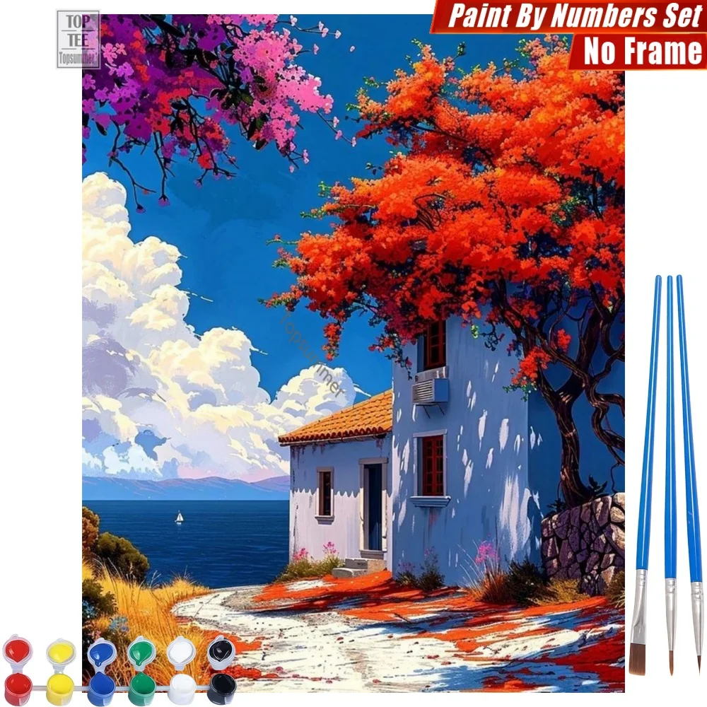 

Набор для рисования по номерам «Белый оранжевый дом» — Дерево, прибрежная тропа, декор для дома и спальни, подарок на День благодарения для жены