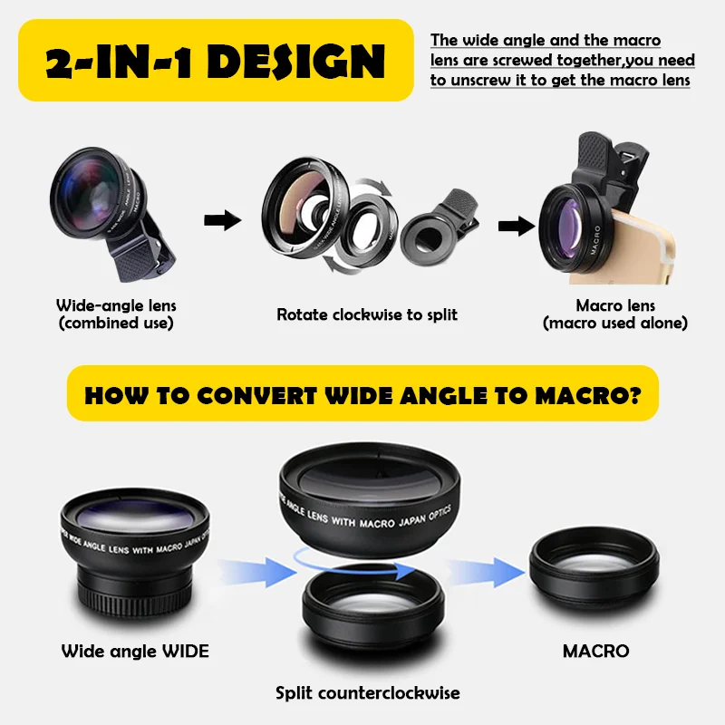 Cell Phone Camera Lens 2 in 1 Clip-on Lens Kit Super Wide Angle & Macro Phone Camera Lens for Most Smartphones Black