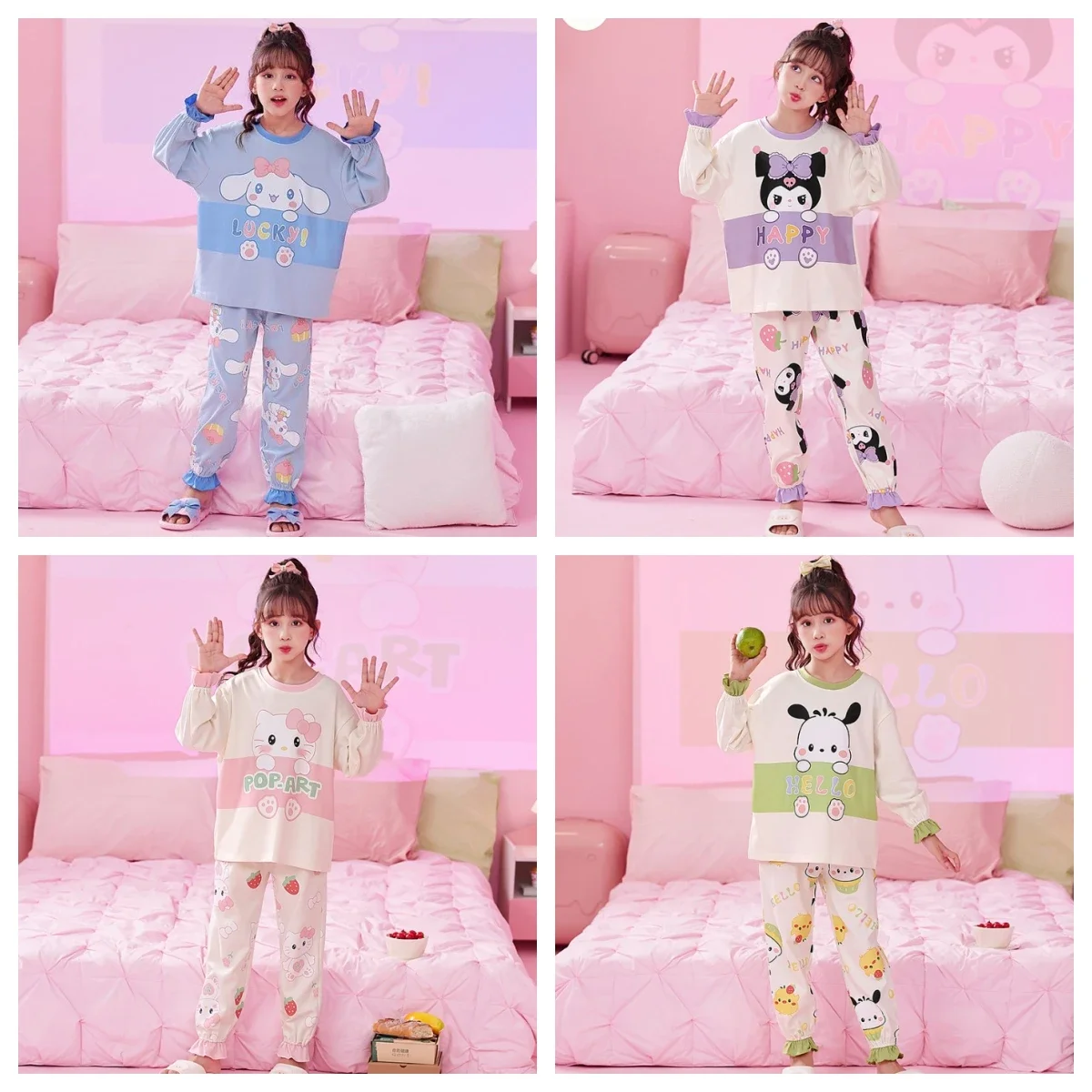 

Kawaii Sanrio Pajamas Set Cute Anime Kuromi KT Melody Pocha Cinnamon Purin Dog Y2K Child Girl Cartoon Thin Casual Homedress Gift