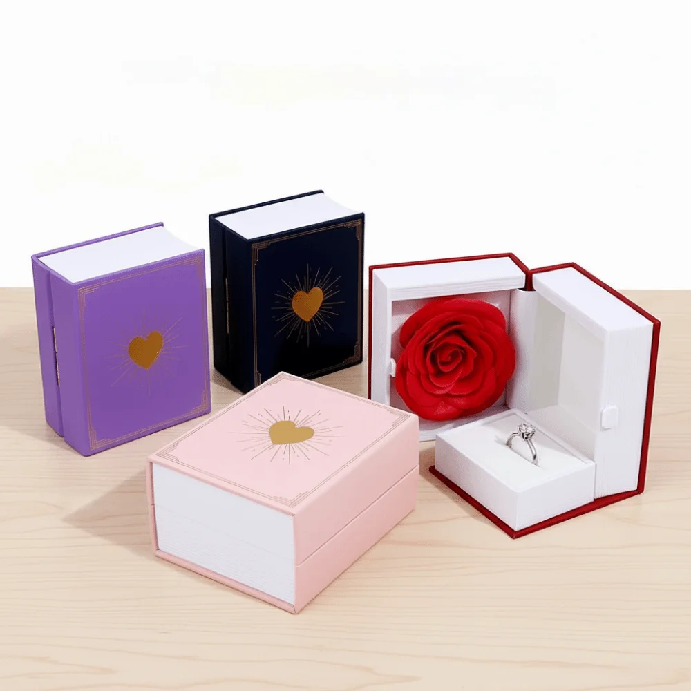 

Creative Plastic Book Shape Ring Box Jewelry Packaging Romantic Jewelry Display Case with Soap Rose Jewelry Box for Necklace