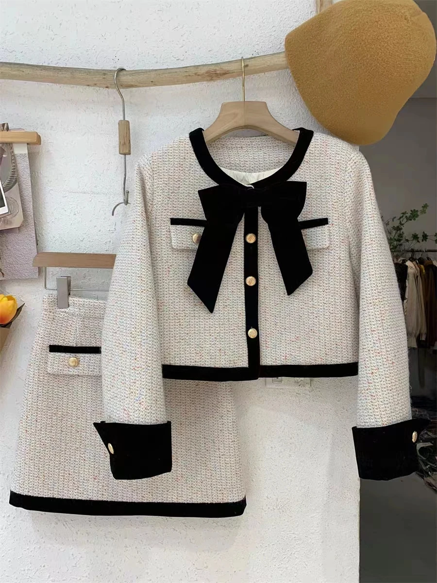 New Elegant Autumn White Short Mini Bodycon Suit Skirt Single-breasted Bow Coat 2 Pieces Suits Work Business Tweed Women Set Hot