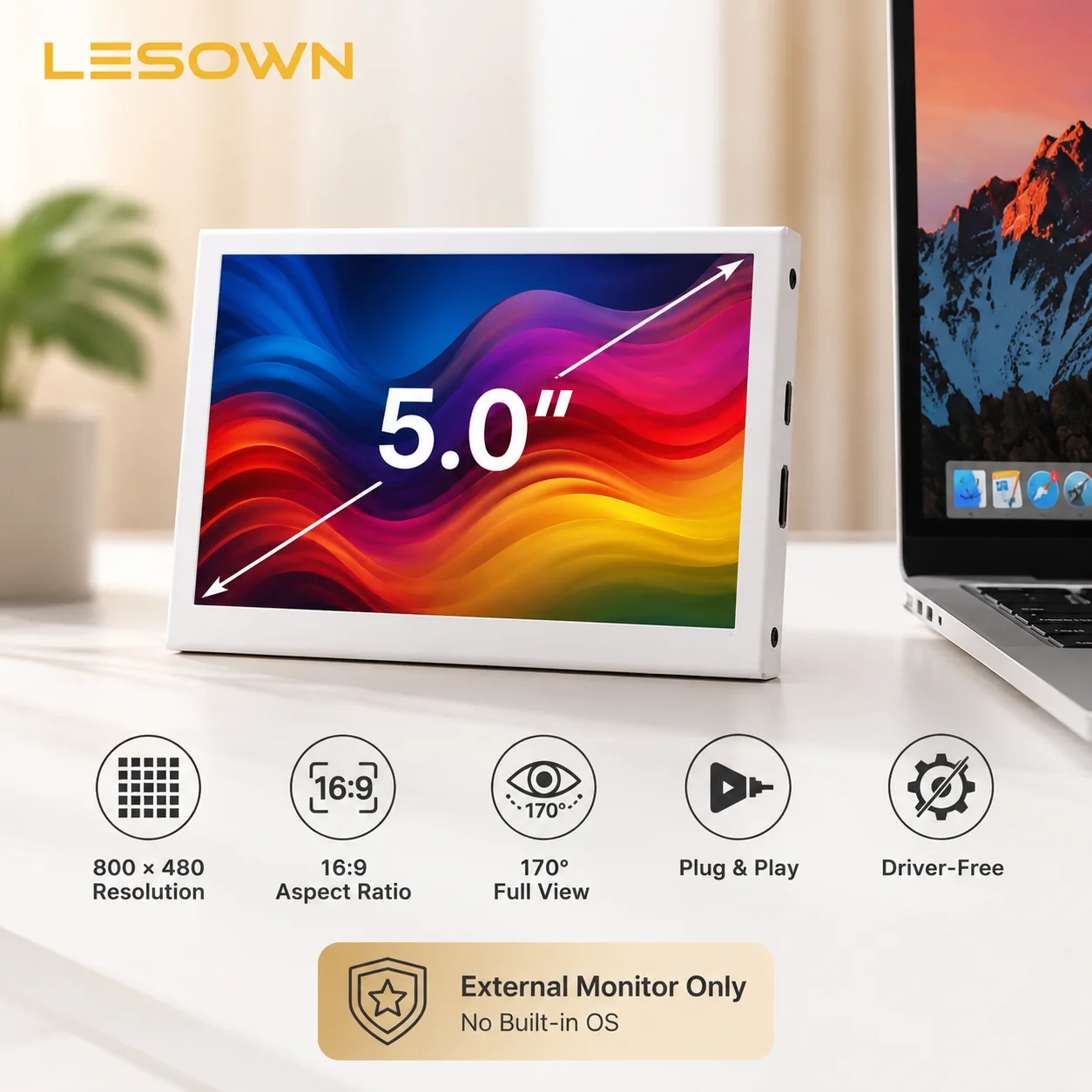 LESOWN 5 inch Monitor Mini Screen HD 800x480 IPS HDMI LCD Auxiliary Micro Display for Raspberry Pi 5 4 3B+ Windows PC White