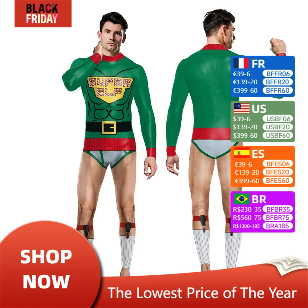 Adulto natal masculino macacão traje cosplay muscular roupas apertadas natal bodysuit homem carnaval roupas de ano novo roupas de festa