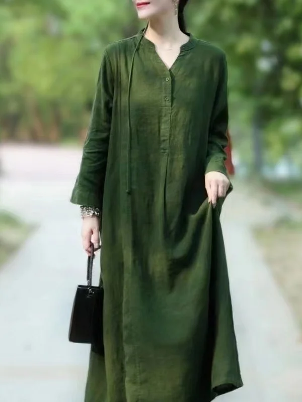 

Loose Vintage Cotton Linen Waed Dr V-Ne Belted Artistic Meat-Covering Robe Long Sve High Waist A-Line Skirt