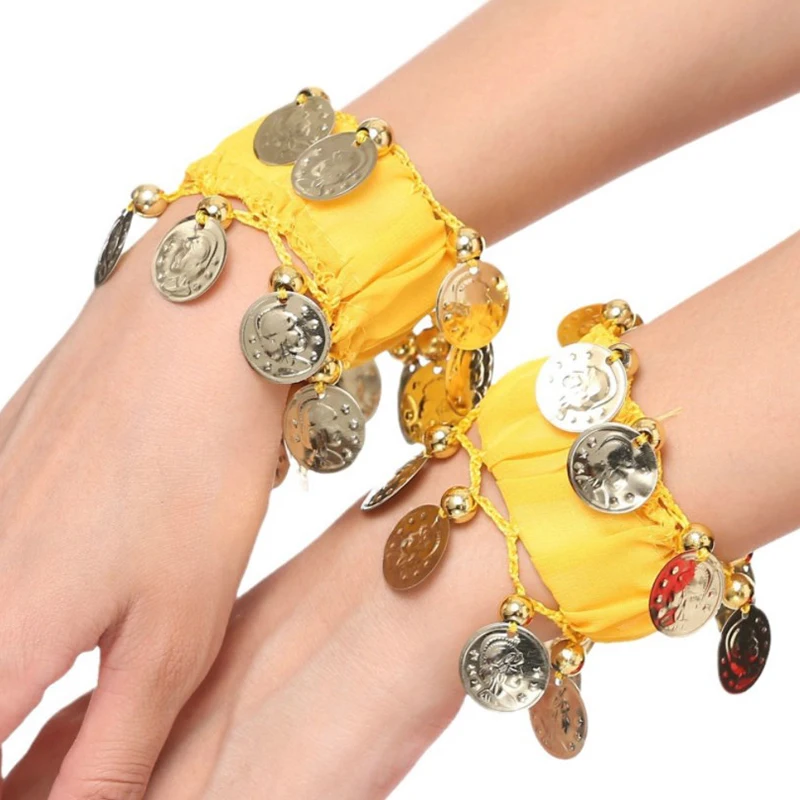 1Pcs Belly Dance Metal Coin Bracelets Belly Dancing Wrist Ankle Cuffs Bracelets Chiffon Gold Coin Belly Dance Accessories