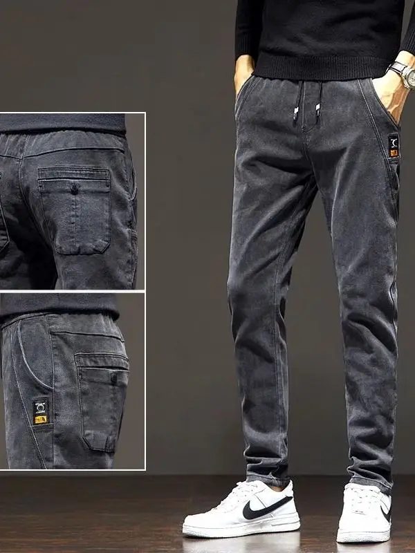 

Новые весенние мужские джинсы с эластичным поясом, прямые, черные, повседневные, длинные брюки, модные, стандартного кроя, для подростков, из полиэстера