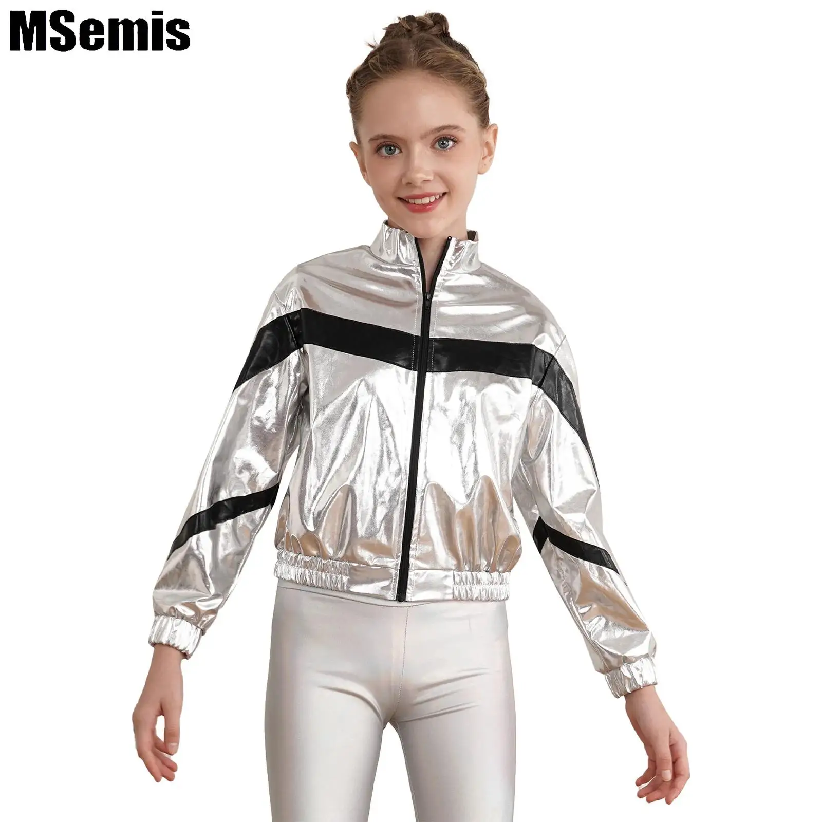 

Kids Girls Metallic Bomber Jacket Holographic Long Sleeves Stand Collar Zipper Jacket Coat for Jazz Dance Hip-Hop Performance