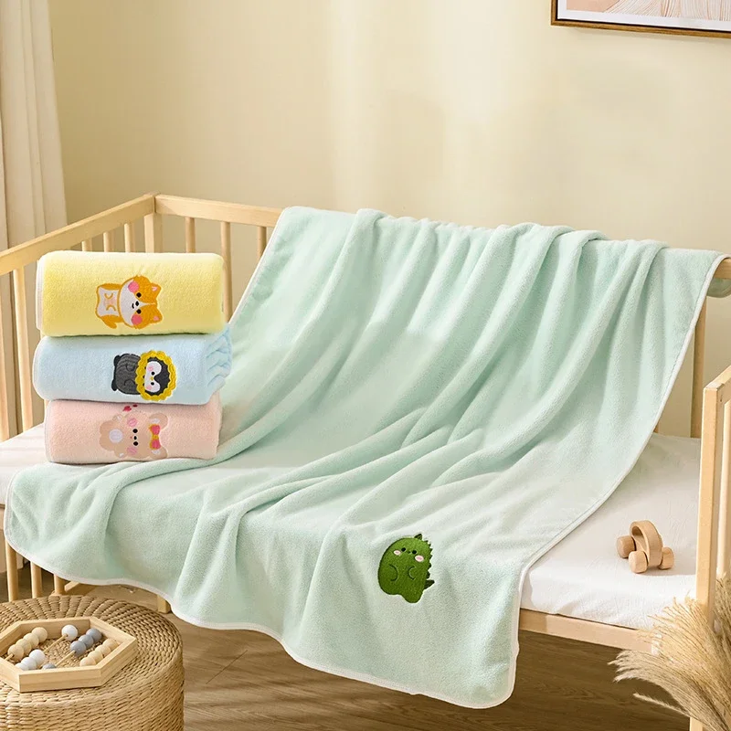 Coral Velvet Cartoon Embroidered Bath Towel Newborn Soft Absorbent Blanket Baby Bath Towel Infant Bath Towel