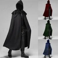 Black Men Cloak Hooded Medieval Monk Costume Solid Windproof Mens Trench Coat Gothic Wicca Wizard Cape Halloween Death Mantles