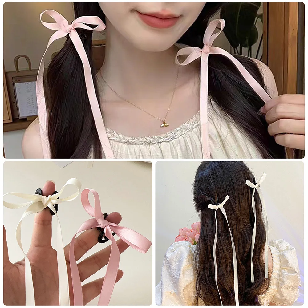 1pc Women Bow Hair Clips Solid Color Bow Hairpins Lovely Small Ribbon Headband Tassel Long Tail Bow Hair Claw Hair Accessories