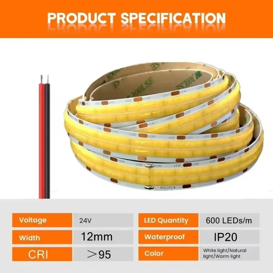 더블 로우 COB LED 스트립, 유연한 600LED/M 매우 밝은 고밀도 스트립, 조도 조절 LED 조명, 2000LM/M DC24V, 3000K 4000K 6500K