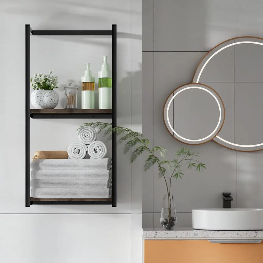 Modern Wooden Bathroom Shelf Double Tier Wall Mounted Organizer Rack Toilet Towel Holder Home Organization Decor
