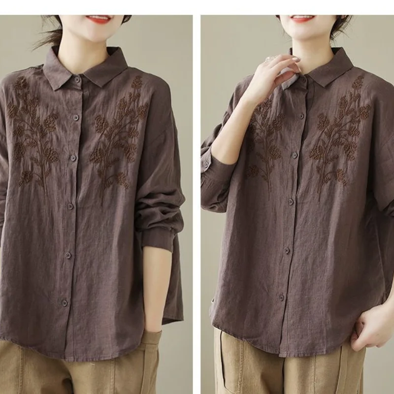 2023 Spring/Summer New Vintage Embroidery Turn-down Collar Indie Folk Loose and Slim Long Sleeve Linen Leisure Female Shirt