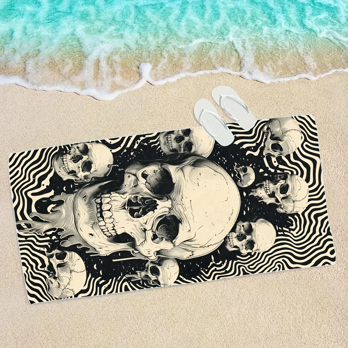 

Edgy Skull and Wavy Lines Print Bath Towel - Perfect for Summer Vibes, Ultra Soft and Absorbent, Quick Dry, Stylish Design