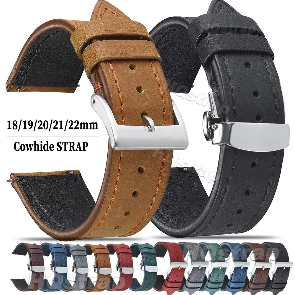 Cowhide Leather Watch Strap 18mm 19mm 20mm 21mm 22mm Stainless Steel Buckle Butterfly Bracelet for Women Men Watch Band Vintage