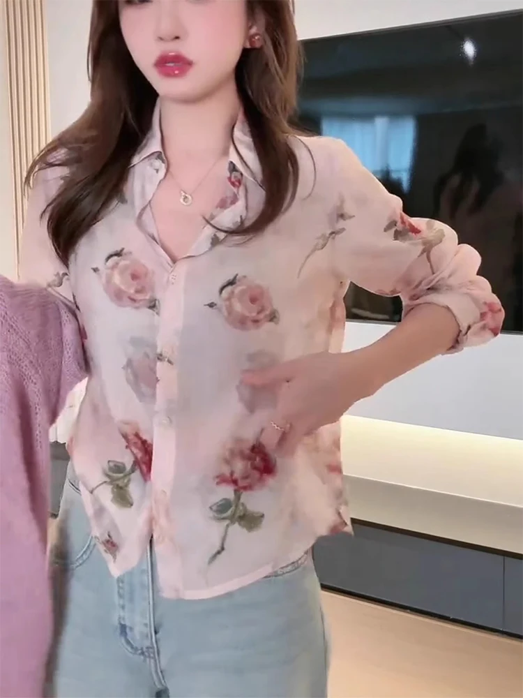 春ロングスリーブ花柄プリントirtレディースエレガントホワイトスリムトップ万能カジュアルルーズフィット襟付きirt