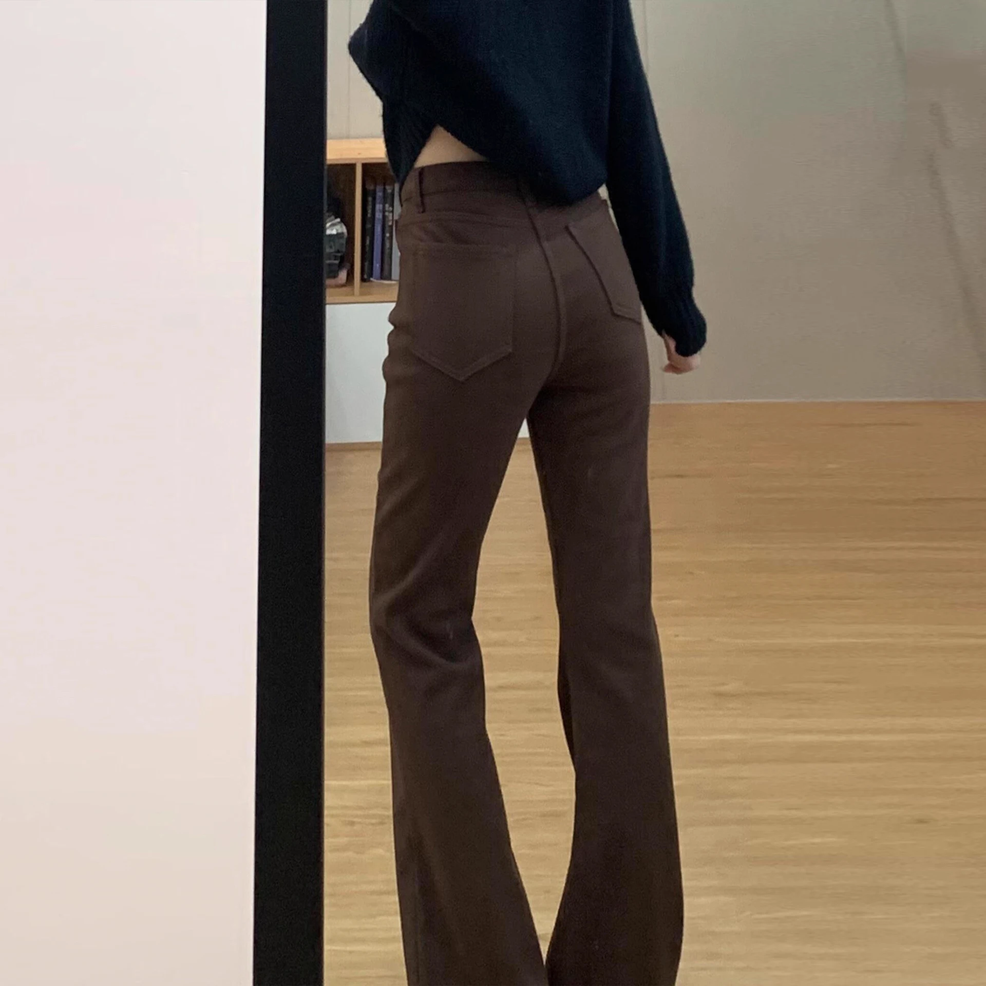 Thiened Fce doublé Vintage marron taille haute cloche Bot jean femmes coupe ajustée Dra longueur de plancher sabot jean hiver