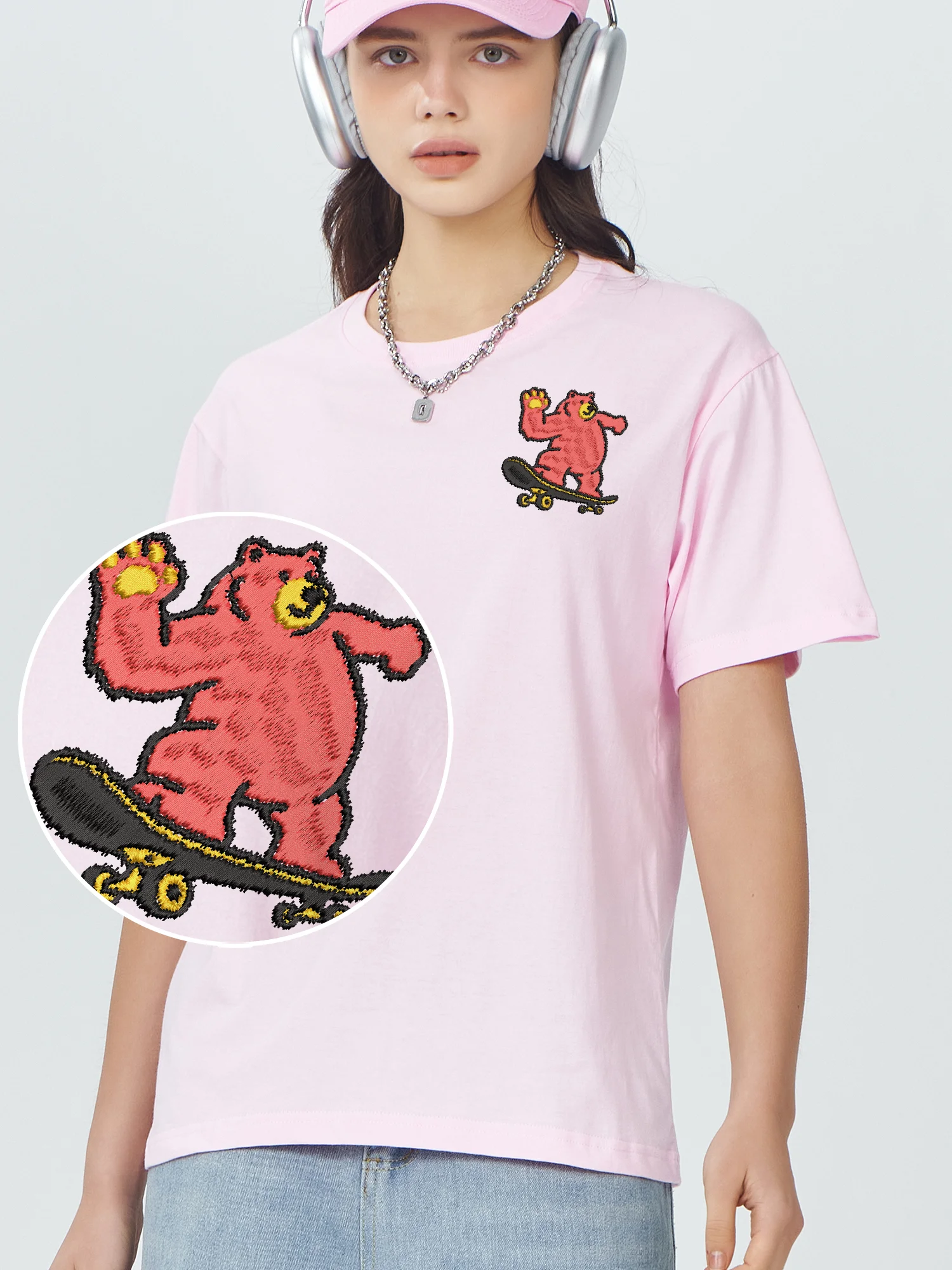 Fat Bear Skateboard Embroidered Tee Shirt Oversized Cotton Comfort Shirts For Men Women Luxury Animals Graphic Embroidery Tops