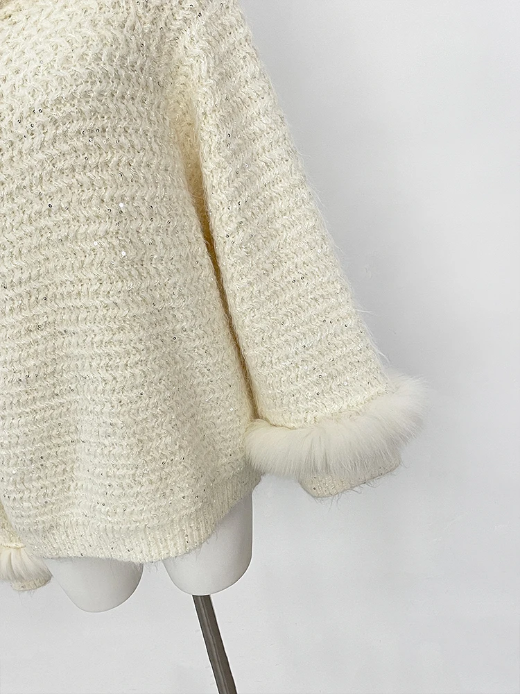 جديد ربيع الخريف الشتاء ضوء الملابس النسائية واحدة طول الكتف البلوفرات الحياكة معطف المرأة ريال فوكس الفراء محبوك سترة