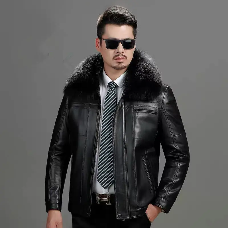 Natural Leather Jacket For Men With Fur Collar Add Velvet Thick Short Lapel Brown Genuine Leather Mens Jacket Sheepskin Coat Man