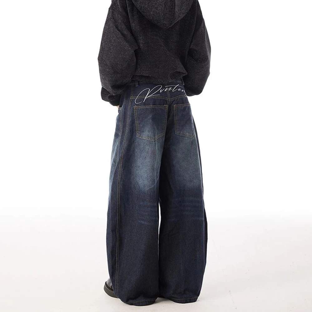 

American Retro Washed Letter Embroidered Jeans For Men 2025 Summer New Fashion Trend High Street Straight Baggy Wide Leg Pants
