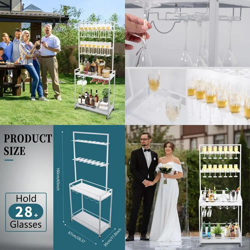 Wózek na wino z 2-poziomowymi kółkami obrotowymi, mieści 28 kieliszków, stojak do przechowywania, idealny na przyjęcia i imprezy