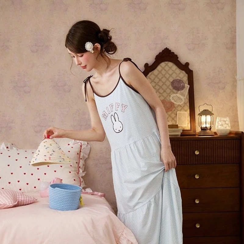 Miffy Kawaii Anime Girl Sling Nightgown with Chest Pad Summer Cartoon Lounge Clothes Skin-friendly Fashion Comfortable Simple