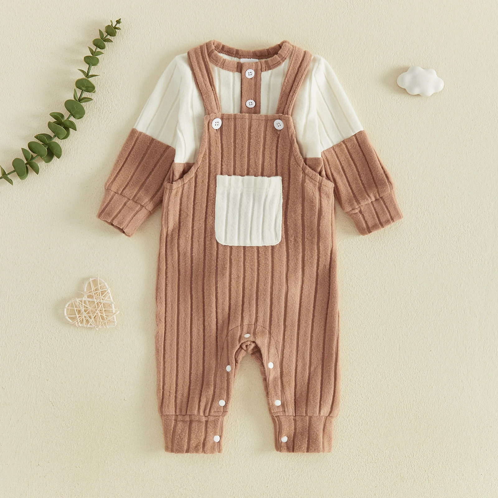 Baby Ribbed Outfit Set Color Block Long Sleeve Bodysuit and Overall Pants Newborn Autumn Winter Clothes with Pocket