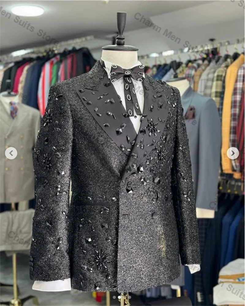 Shiny Black Men Suits Pants Set 2 Pieces Beaded Blazer+Trousers Customized Wedding Tuxedo Formal Office Wedding Prom Jacket