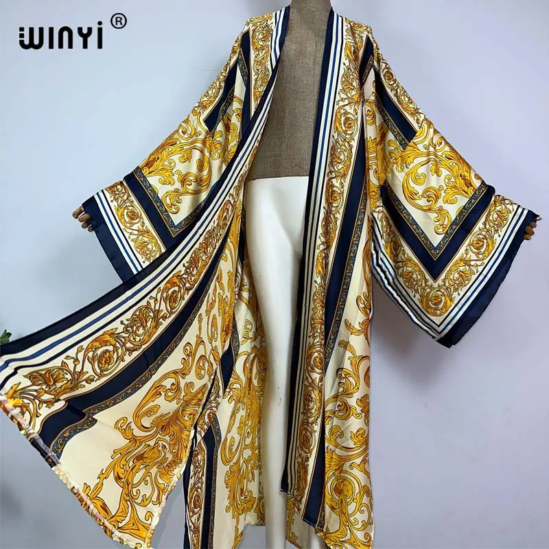 WINYI kimono Africa estate boho stampa Bikini Cover-up Elegante moda Cardigan sexy Vacanza manica lunga sensazione di seta maxi abito