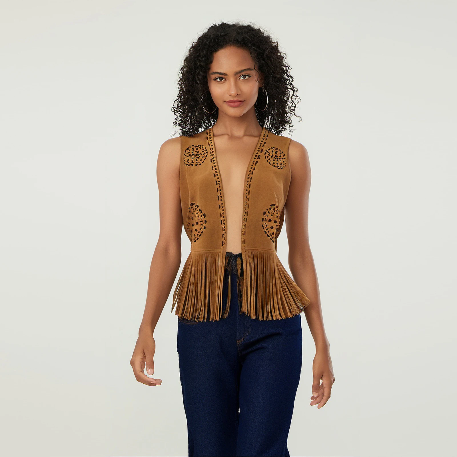 Women Fringe Vest Faux Suede Open Front Vintage Vest Sleeveless Hippie Clothes Boho Western Cowboy Style Short Jackets