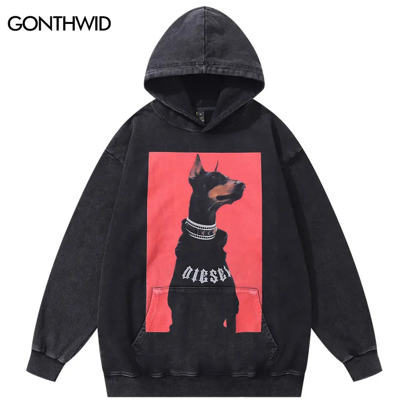 

Hip Hop Oversized Hoodies Doberman Dog Graphic Printed Washed Hooded Sweatshirt Men Harajuku Baggy Pullover Streetwear Black