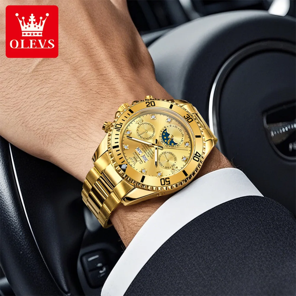 OLEVS 6729 Мужские механические часы, золотые роскошные брендовые полностью автоматические часы, мужские многофункциональные оригинальные спортивные мужские часы с фазой Луны