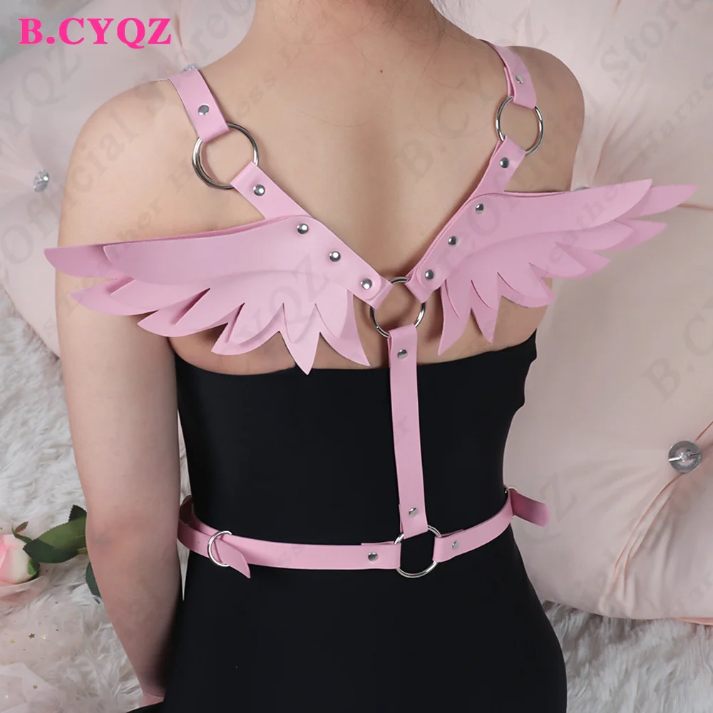 B.CYQZ Sexy PU Leather Harness Pink Angel Wing Waist Belt Garter Women Outfit Gothic Waistband Sword Belt Harness Rave Garter