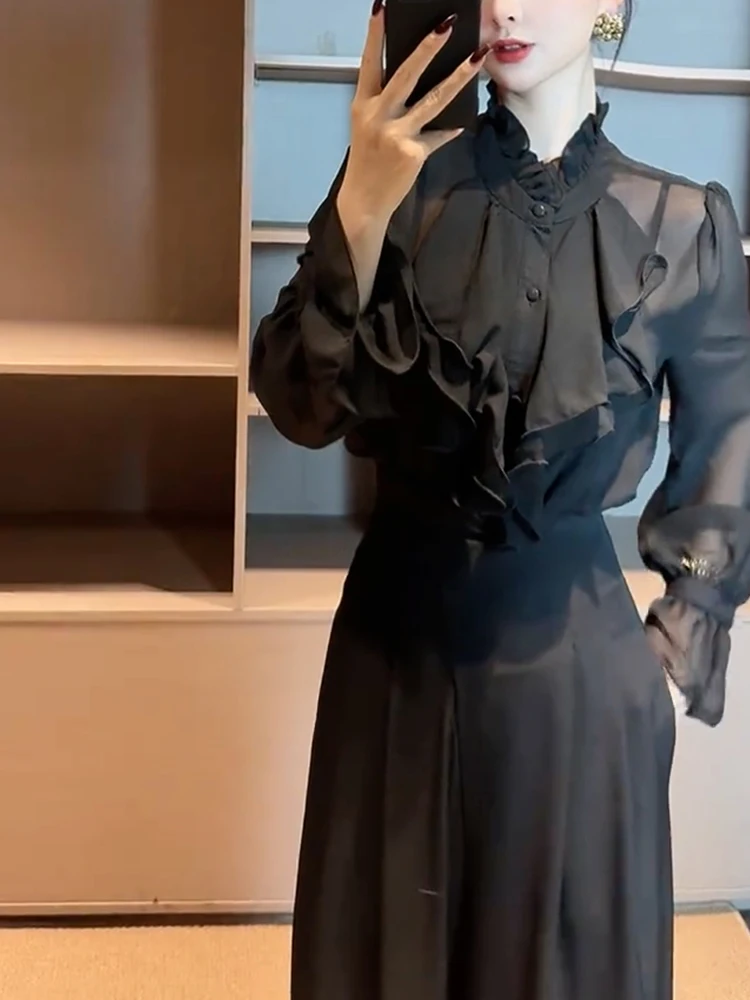 

Ele Oversized irt Spring 2025 Bell Sve Stand Collar Lace Trim Slimming Top Korean Sle Commute Faion plus Size