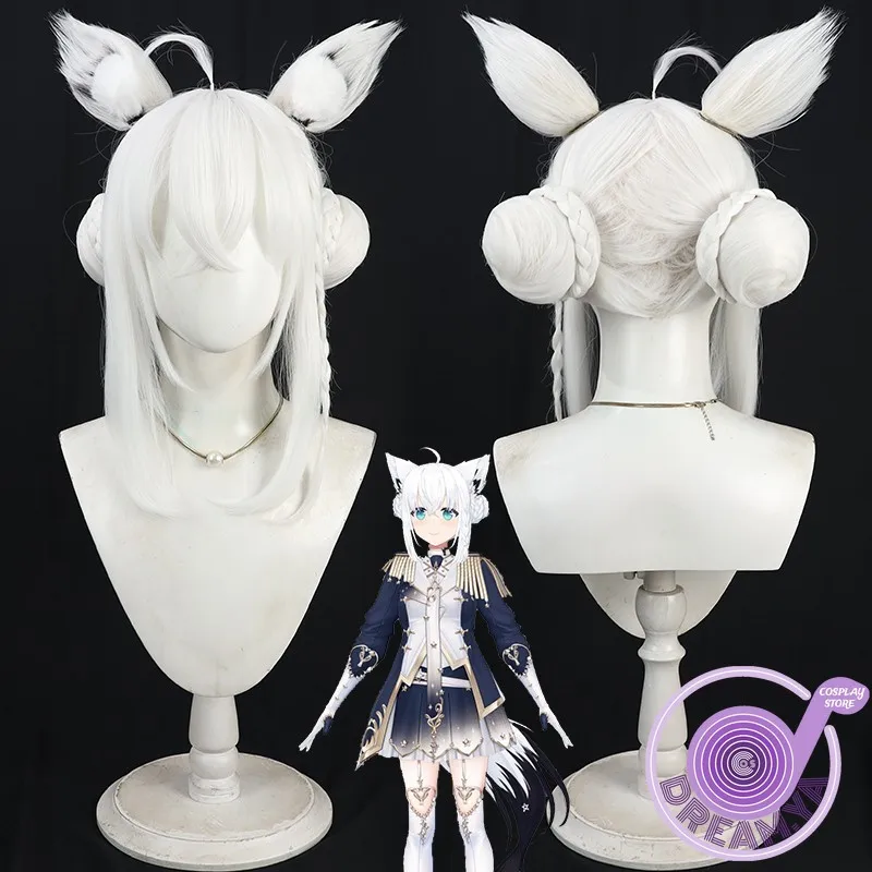 

Shirakami Fubuki Cosplay Wig Vtuber White Buns Ears Synthetic Hair Heat Resistant Halloween Role Play Party Carnival + Wig Cap