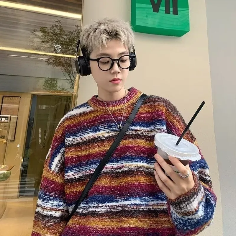 

Loose Fit Men's Knitted Sweater Autumn Winter Striped Color Blo Lazy Sle Faionable Casual Long Sve Baseball Collar