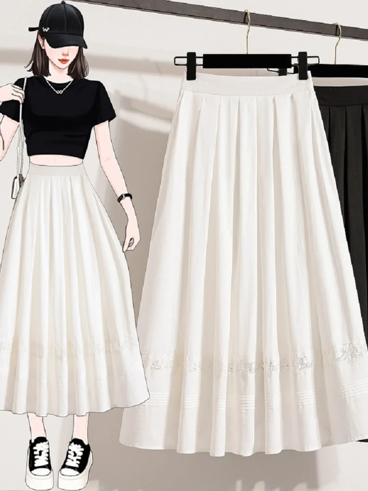 Lace patchwork small fragrant French style half skirt women fashion elegant commute solid color high waist A-line pleated skirt